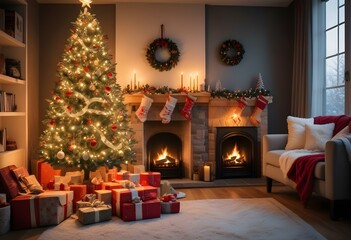 Fototapeta premium A cozy Christmas living room with a decorated Christmas tree, fireplace, and various holiday decorations and gifts.