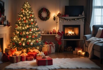 A cozy Christmas living room with a decorated Christmas tree, fireplace, and various holiday decorations and gifts.