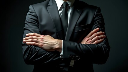 Confident professional in a sharp suit stands with arms crossed against a dark background, exuding authority and leadership. Ideal for business, corporate, and professional themes.
