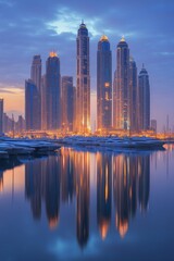 Calm Reflections of Twilight: A Stunning Coastal City Skylinethe Serene Harbor