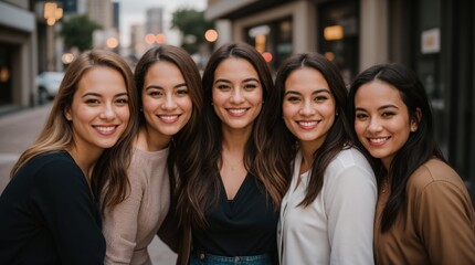 Fototapeta premium Cheerful women posing together on an urban street 