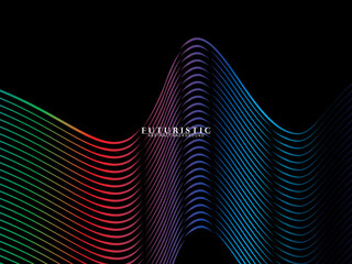 Futuristic abstract technology shining rainbow light lines on black background modern wave line pattern. Vector minimal line background with text for social media covers, headers, etc.