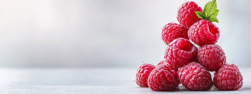  A raspberry pile features one berry topped with a green leaf, resting on a pristine white surface