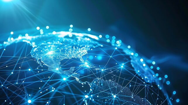A globe with network lines and nodes representing global commerce connections.