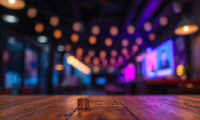 Obraz premium Empty wooden table, blurred neon light bokeh background