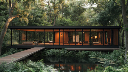 Fototapeta premium Realistic representation of a home nestled deep in the forest, with floor-to-ceiling