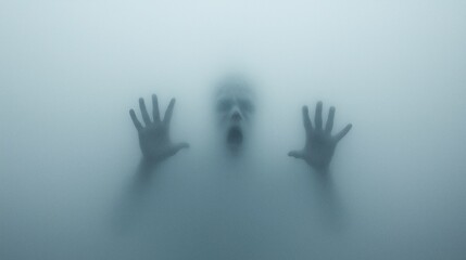 a ghostly figure behind foggy glass, hands reaching out with an mouth open face
