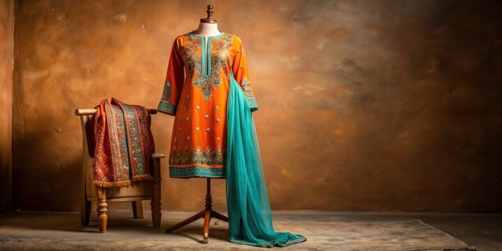 Vibrant orange and turquoise shalwar kameez attire adorned with intricate embroidery and mirrors, draped elegantly on a rustic wooden mannequin against a creamy background.