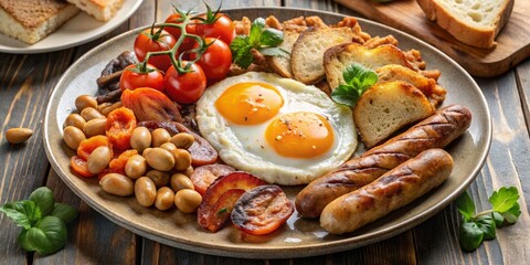 Warm sunlight casting a cozy glow on a Full English Breakfast, with the eggs, sausages, and bacon arranged in a circular pattern on a round plate.