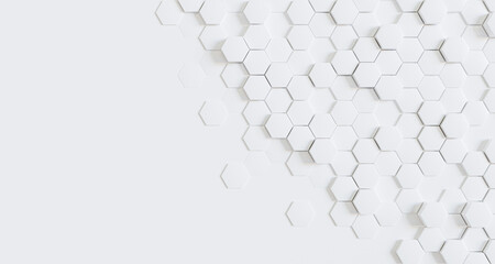 Abstract white hexagon texture background. Clean futuristic technology banner. Modern minimal trendy horizontal, 3d render