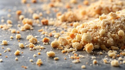 A close-up shot of the crumbly topping, with a few crumbs scattered on a light gray surface,...