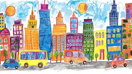 A creative and colorful drawing by a child of a cityscape with tall buildings, cars, and a big yellow bus, all captured in a fun and imaginative style. 8k UHD, suitable for high-quality printing 