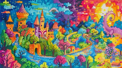 Fototapeta premium A creative illustration by a child of a fantasy world with a friendly dragon, a castle, and a prince and princess, all drawn with vibrant markers and lots of imagination. 8k UHD, suitable for 