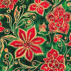 Red and green floral pattern with gold accents.