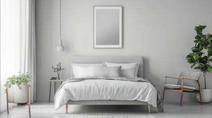Fototapeta premium Serene minimalist bedroom, grey bed frame, light grey accent wall, white walls, calming