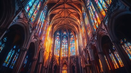 The interior of a gothic cathedral, illuminated by stained glass windows and soft light.