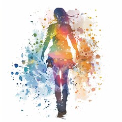 Naklejka premium A man standing is illustrated in a dynamic watercolor style, with energetic splashes of color on a white background, conveying an artistic and lively atmosphere.