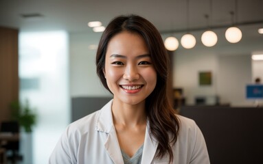 Naklejka premium Content woman in lab coat standing in well-lit modern office 