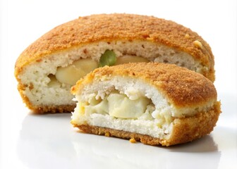A solitary fishcake, sliced open to reveal its fluffy interior, set against a clean, white background and lit by soft, diffused light.