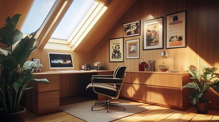 Fototapeta premium Transform Your Space: Artistic Attic Workspace with Modern Desk, Vintage Posters, and Natural Light – Perfect for Home Office Inspiration or Stylish Poster Decor