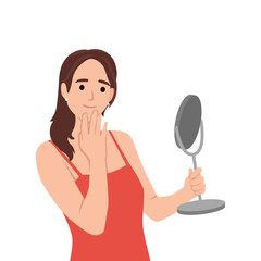 Young beautiful woman Holding a Mirror. Flat vector illustration isolated on white background