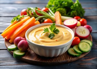 Creamy cheddar cheese sauce served with a side of crudités, lit from the side to highlight the texture.