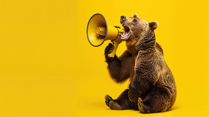 Notifying, warning, announcement in loudspeaker marketing warning news. Bear announcing using hand loud speaker megaphone. Copy paste empty place for text