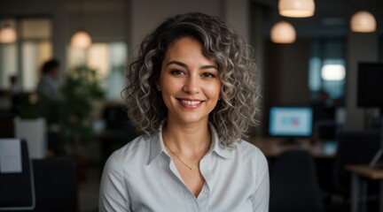 Fototapeta premium Curly-haired lady softly smiles in warmly lit office environment 