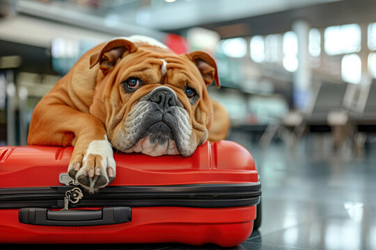 French British bulldog dog on suitcase at modern airport, waiting for boarding on flight. Pets transportation by airplane. Travel with domestic pet on vacation concept