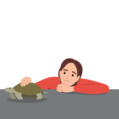 Young woman and her pet tortoise or turtle walking on the desk. Flat vector illustration isolated on white background