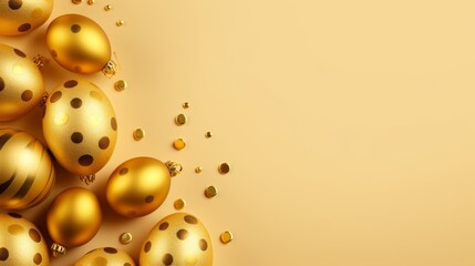 Fototapeta premium Minimal easter concept: elegant golden easter eggs with stripes and dots framing yellow background, flat lay design with copy space for seasonal greeting or holiday card. Luxurious easter decor for mo