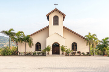 A church facade with natural day lighting and copyspace