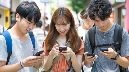 Obraz premium Business professionals engaged with mobile devices on a vibrant urban street scene