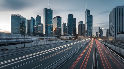 Fototapeta premium Twilight cityscape with skyscrapers and vibrant light trails, showcasing the dynamic energy of urban life. Perfect for illustrating modern architecture and bustling city environments.