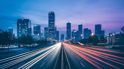 Fototapeta premium Twilight cityscape with skyscrapers and vibrant light trails, showcasing the dynamic energy of urban life. Perfect for illustrating modern architecture and bustling city environments.