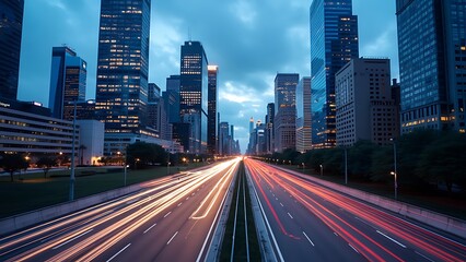 Twilight cityscape with skyscrapers and vibrant light trails, showcasing the dynamic energy of urban life. Perfect for illustrating modern architecture and bustling city environments.