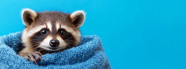  A raccoon peeks out from a blue blanket, paws at the edge