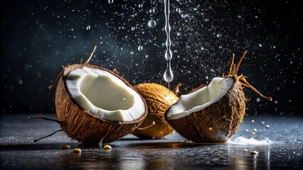 A drizzle of coconut aminos on a black background, lit from above with a single source of light, creating a sense of drama and highlighting the product's texture and clarity.