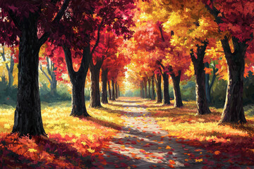 A serene pathway lined with vibrant autumn trees, showcasing the beauty of fall foliage and inviting peaceful strolls.