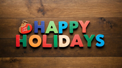 happy holidays word colorful wooden letters on plain white background