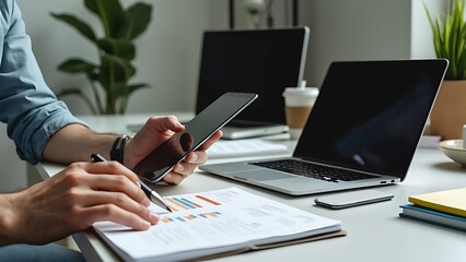 Close-up of professionals collaborating with a tablet and laptop in a modern office. The scene includes a coffee cup, eyeglasses, and documents, highlighting a productive work environment.
