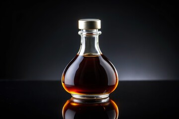 A single, gleaming droplet of malt vinegar resting on the rim of a black glass bottle, on a black background, with subtle, soft focus to create an intimate atmosphere