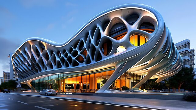 A self-shading dynamic facade, responding to sunlight with bio-inspired mechanisms, ensuring energy efficiency and comfort in a futuristic building, 