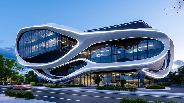 A self-shading dynamic facade, responding to sunlight with bio-inspired mechanisms, ensuring energy efficiency and comfort in a futuristic building, 