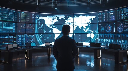 A high-tech control room overseeing global shipping and logistics.