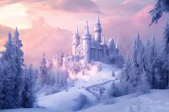 Magic Castle in a winter wonderland. Fantasy snowy landscape. Winter castle on the mountain, winter forest