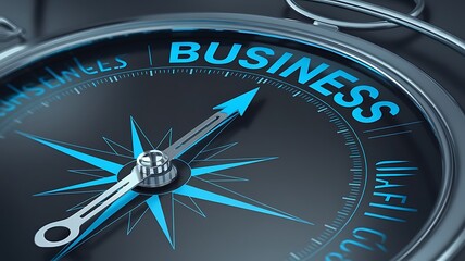 Compass needle pointing to BUSINESS text, symbolizing strategic corporate direction and focus.