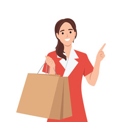 Young attractive fashionable woman holding packages with clothes after shopping. Flat vector illustration isolated on white background