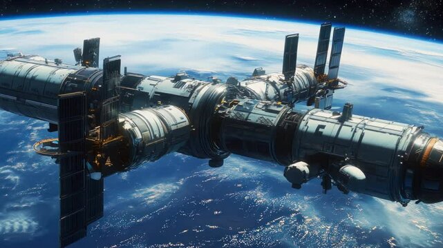A large space station is floating in the sky above the Earth