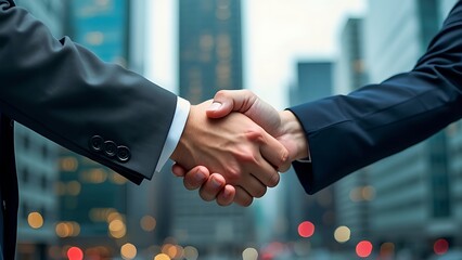 Dynamic business handshake on city background, symbolizing partnership and financial growth in the urban landscape.